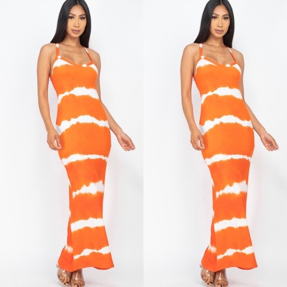 NEW ARRIVAL WOMEN MUSTARD YELLOW STRIPE TIE DYE RACERBACK TANK TOP MAXI DRESS - Picture 5 of 9